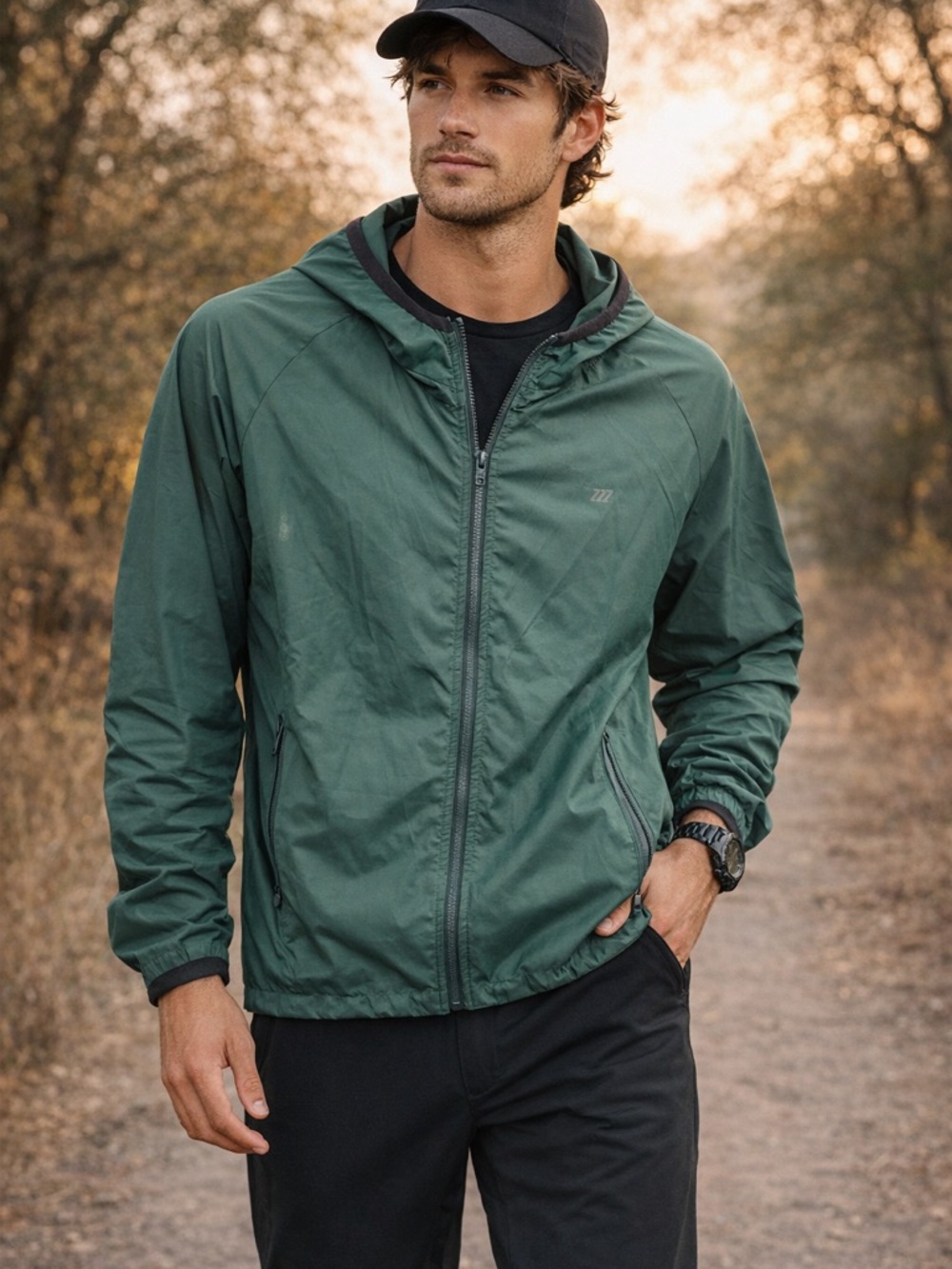 ZYIA Men's Green Hooded Rain Jacket / Windbreaker /light weight